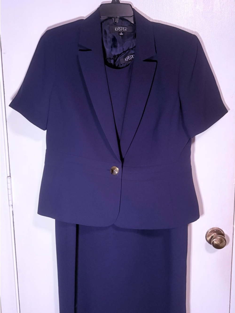 Kasper Navy Blue Short Sleeve Suit with Gold Button